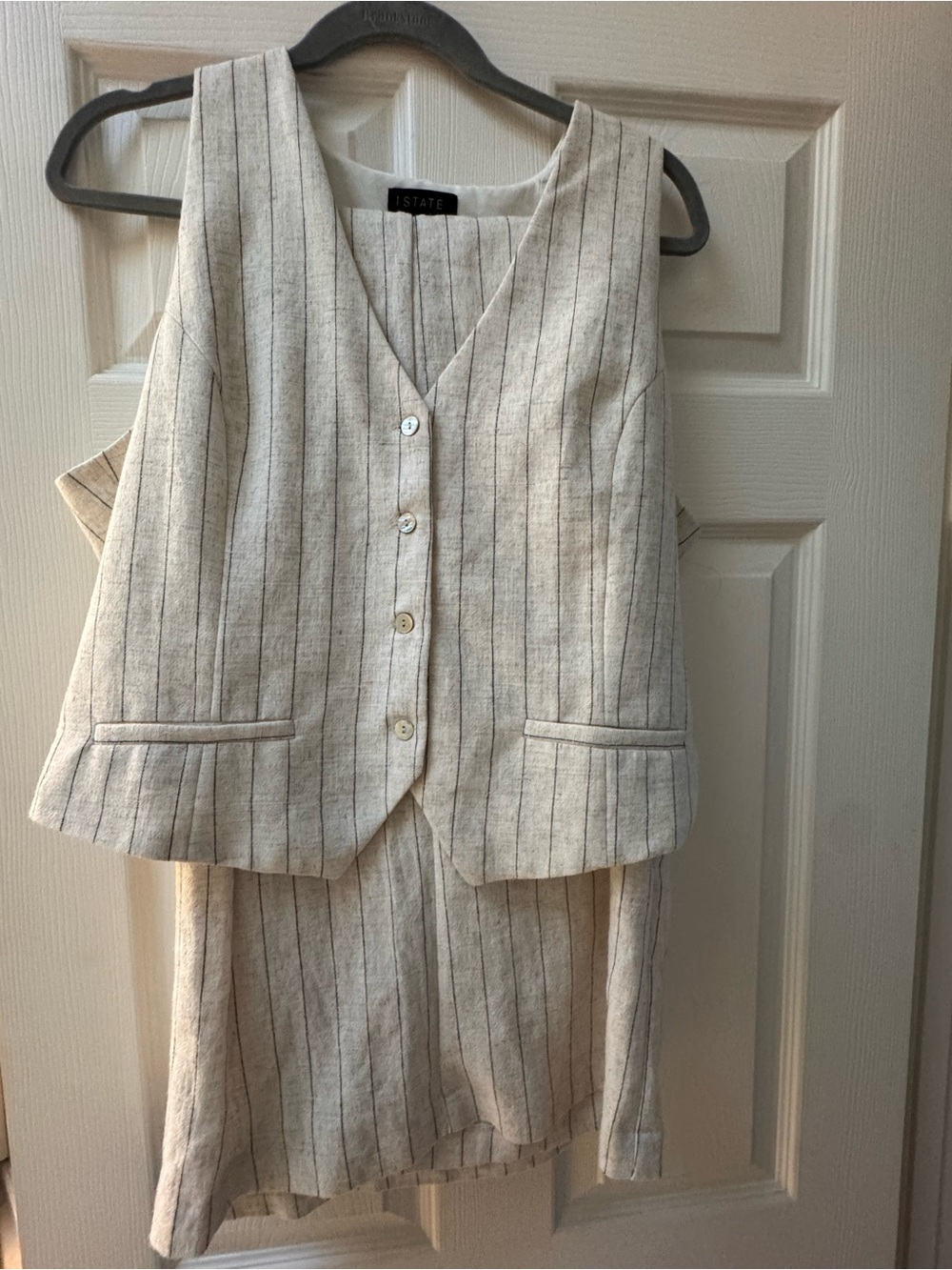 STATE Linen-Blend Pinstripe Vest & Skirt Set in Natural Beige